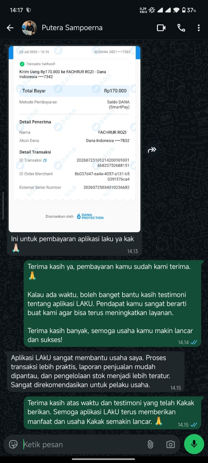 Bukti Chat & Transfer Pelanggan LAKU POS